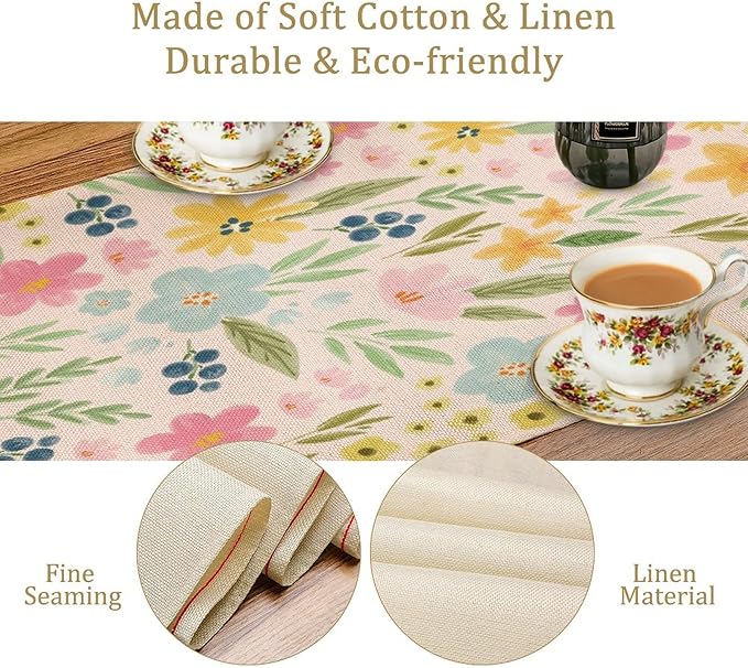 Floral Table Runner, Boho Style Watercolor Flower Green Leaf Plant Rectangle Table Decoration for Dining, Party, Holiday,13in（33cm） W * 90in（229cm） L