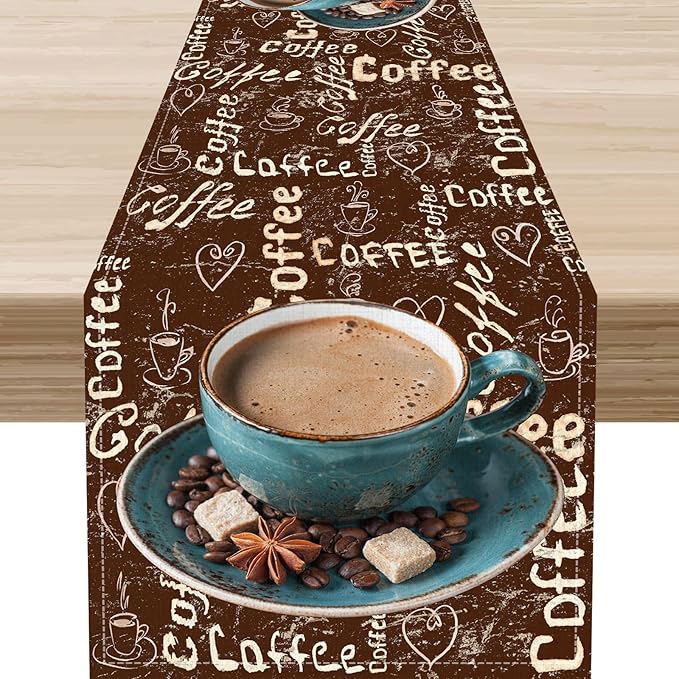 Coffee Theme Table Runner, Farmhouse Retro Brown Coffee Cup Tea Party Rustic Cafe Table Center Decor for Home Kitchen Dining Patio Holiday Party Indoor Outdoor Table Decorations,13"x90" Inch