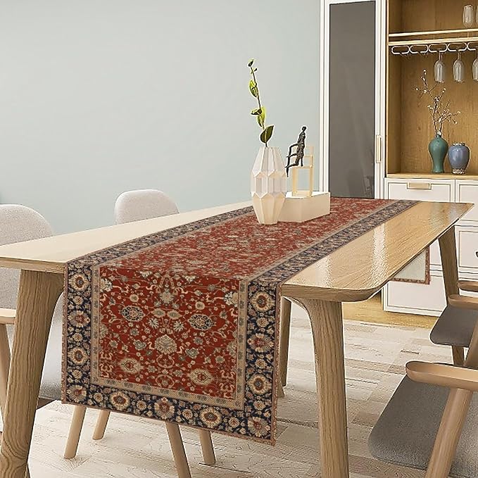 Boho Floral Vintage Red Blue Table Runner, Retro Flower Rustic Country Farmhouse Abstract Pattern for Home Kitchen Table Decor Dining Coffee Room Party Decor 13x36in