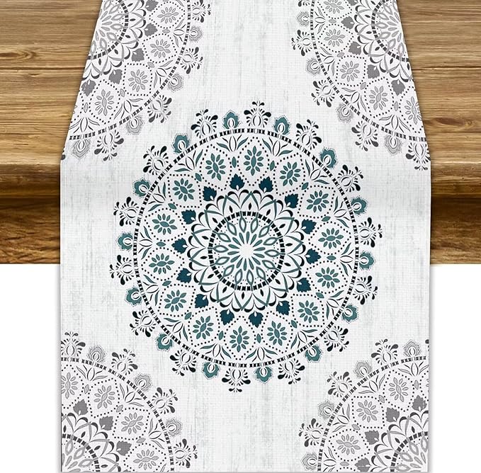 Boho Flower Table Runner, Bohemian Turquoise Mandala White Teal Floral Kitchen Dining Table Runners for Indoor Outdoor Home Party Holiday Decor, 13x36inch