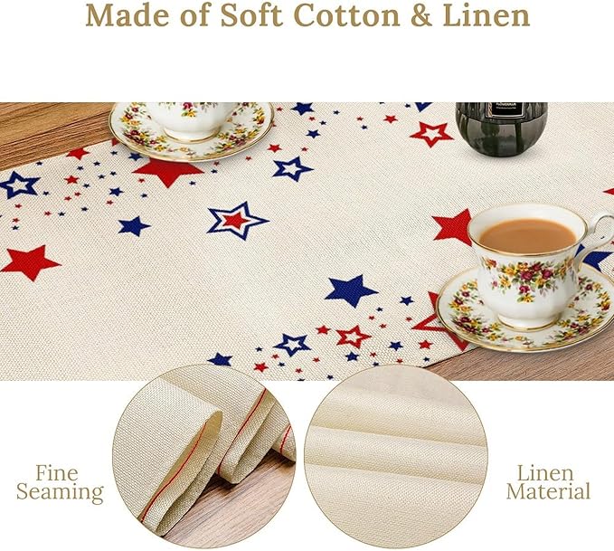 4th of July Table Runner, American Stars Patriotic Independence Day Table Runner for Indoor Outdoor Party Home Kitchen Dining Table Decor, Blue Red, 13x108inch