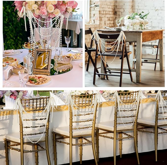 Garlands Ivory Faux Pearl Chair Sashes with Champagne Pink Satin Bows