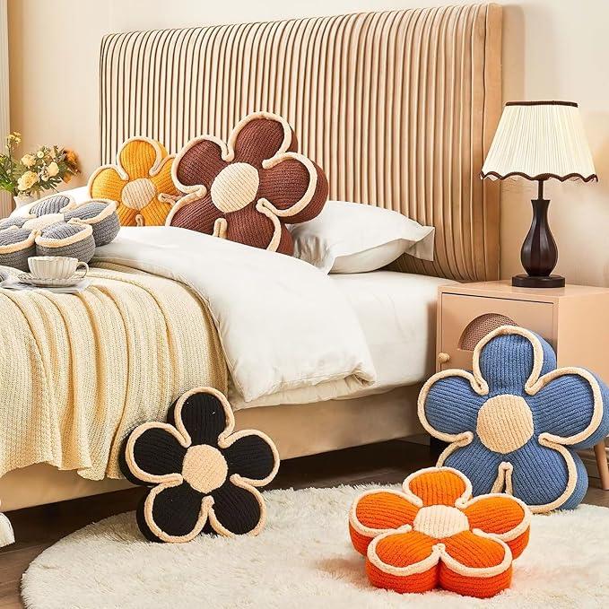 Flower Pillow, Soft Shaped Floor Cushion, Decorative Throw Pillow, Cute Seating Cushion, Room Decor Plush Pillows for Sofa Couch Bed (17.7 Inch, Black)
