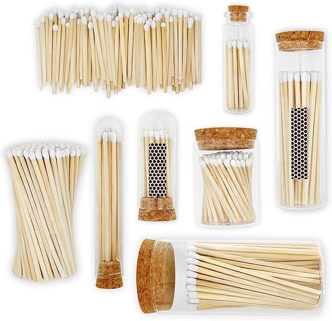 2" Classic White Tip Safety Matches | 6 Glass Bottles Each with Cork Top, Striker & 20 Matchsticks by Thankful Greetings (120+ Total) | Decorative Unique & Fun Artisan Set for Home, Gifts, & Events