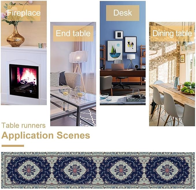 Elegant Palace Boho Blue Table Runner Vintage French Style Farmhouse Geometric Home Farmhouse Kitchen Table Dining Coffee Room Garden Party Wedding Decor 13x90in