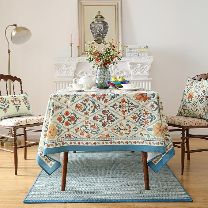 Tablecloth, 55 x 79 Inch Rectangular Floral Linen-Polyester Blend