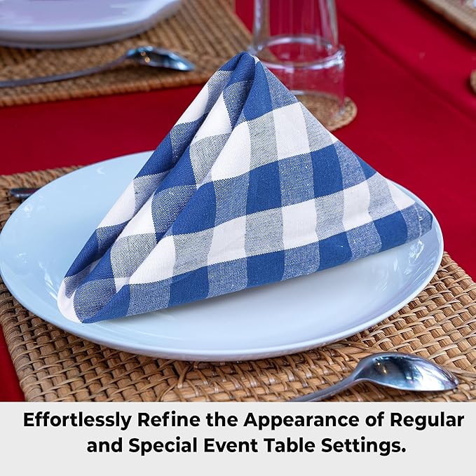 Cloth Dinner Napkins, Blue Checkered 100% Cotton, 20 x 20 Inch