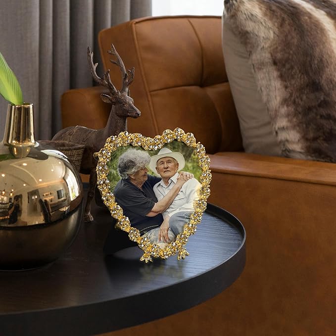 Tabletop Picture Frame, Heart Shaped, Jeweled, Silver and Gold Finish