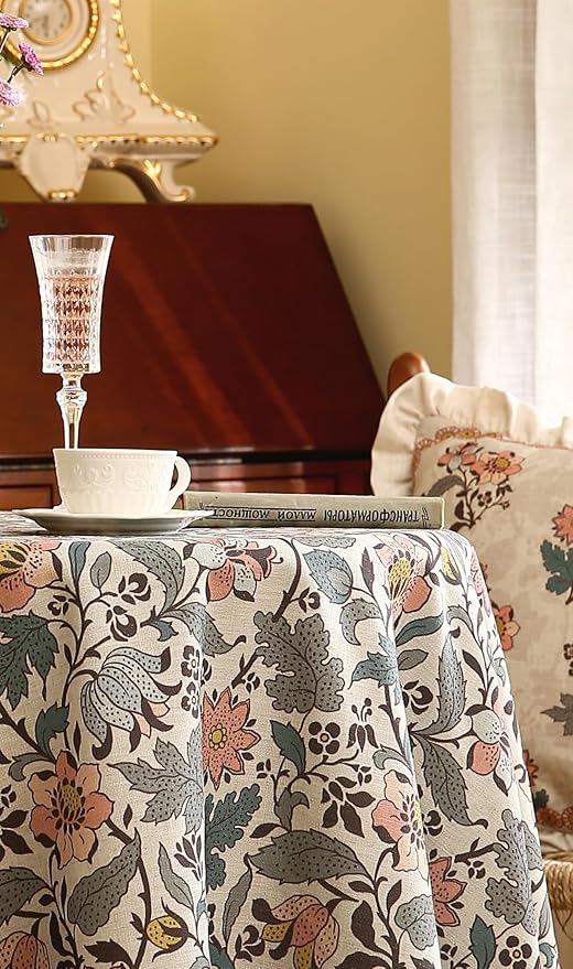 ISAENNE Designer Boho Floral Round Tablecloth,Linen Lotus Flower Pattern Colorful Indoor Table Cloth,Durable Decor Tablecloths for Dining Thanksgiving Kitchen Christmas,Diameter 67"-Hazel A