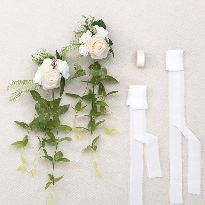 Artificial Pew Flowers, Set of 10, White Roses with Ivory Chiffon Ribbons