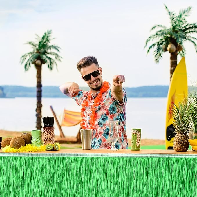 Fovths 2 Packs Luau Grass Table Skirt Paper Fringe Straw Grass Skirt 108 x 30 Inch Hibiscus Hawaiian Table Skirts Rectangle Tropical Luau Party Decorations for Hawaiian Luau Decorations