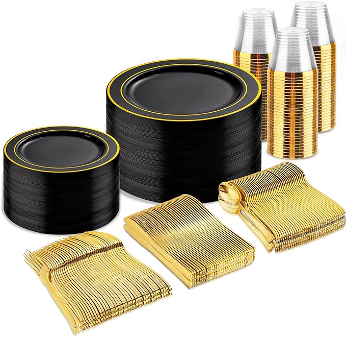 Plates Black and Gold Round Disposable Set, 300 Pieces Plastic