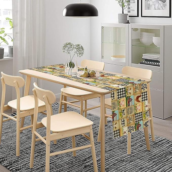 Farmhouse Animals Table Runner,Rustic Cabin Pig Chicken Cow Sunflowers Geometric Grids Burlap for Hotel Indoors Outdoor Dining Room Kitchen Holiday Party, 13x60in