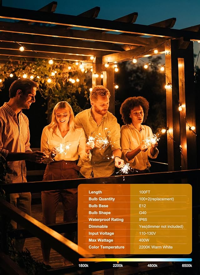 String Lights for Outdoor Patio, 100 FT Warm White G40 LED, Black