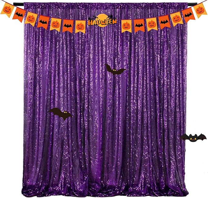 Purple Sequin Backdrop Curtain, 10 x 10 Ft Glitter Panel with Rod Pocket