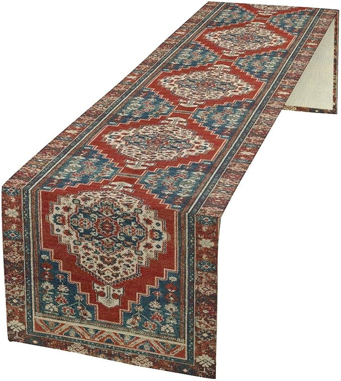 Boho Floral Vintage Table Runner, Red Blue Retro Flower Rustic Country Farmhouse Pattern for Home Kitchen Table Decor Dining Coffee Room Party Decor 13x60in