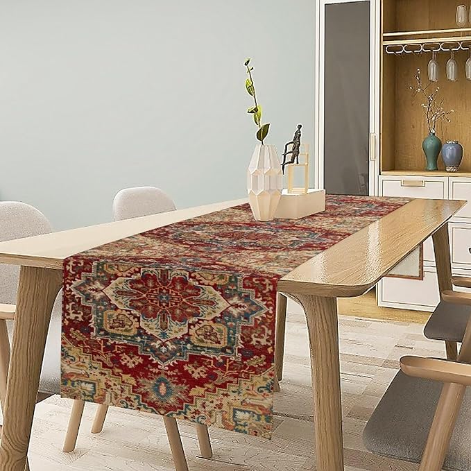 Boho Bohemia Style Table Runner, Vintage Red Brown Retro Flower Rustic Country Style Floral Print Pattern for Home Kitchen Table Decor Dining Coffee Room Garden Party Decor 13x120in