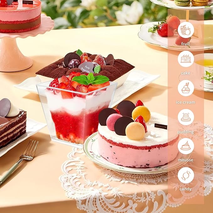 50 Pack 3.5 oz Clear Plastic Square Dessert Cups with Spoons，Mini Disposable Parfait Cups for Yogurt, Ice Cream and Tasting，Serving Cups for Appetizer，Pudding，Party (3.5 oz)