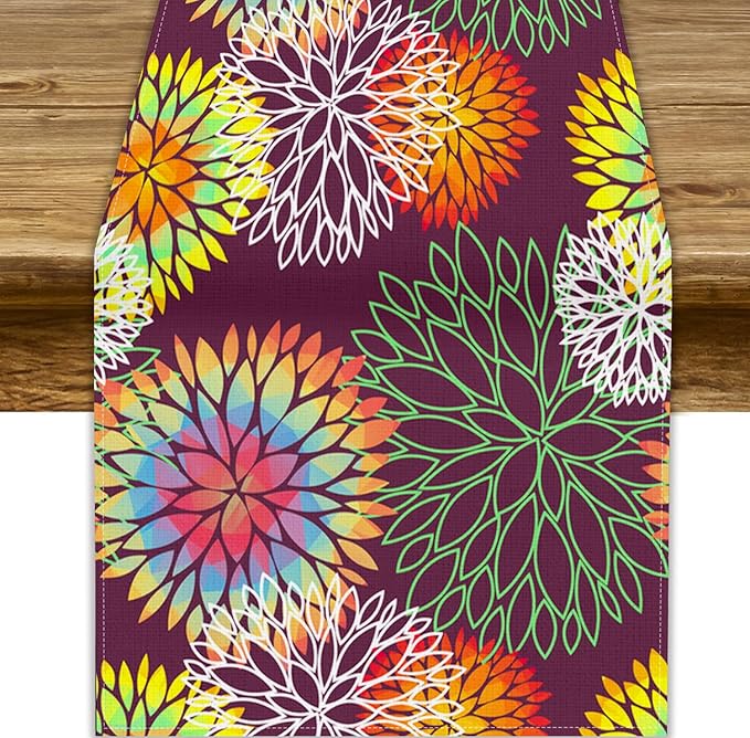 Brown Dahlia Flower Table Runner, Linen Geometric Pattern Floral Table Decor Spring Farmhouse Decorations for Kitchen Dining Holiday Party Decor, 13x90 Inch