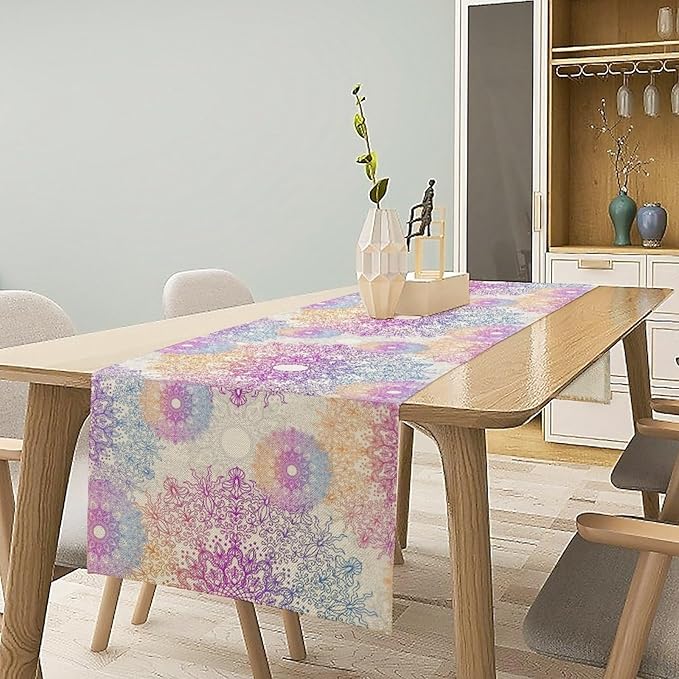 Oriental Mandala Table Runner, Traditional Bohemian Gradiently Purple Pink Blue Mandala Flower Table Runner for Farmhouse Cottage Kitchen Dining Table Decor, 13x120inch
