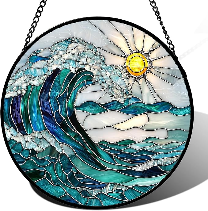 Stained Glass Window Hanging - Blue Green Waves Suncatcher for Door Terrace Garden Home Decor Sunrise Over The Sea Sun Catcher Birthday Gifts for Lovers Women Men Dad Mom Nana 11.8 in