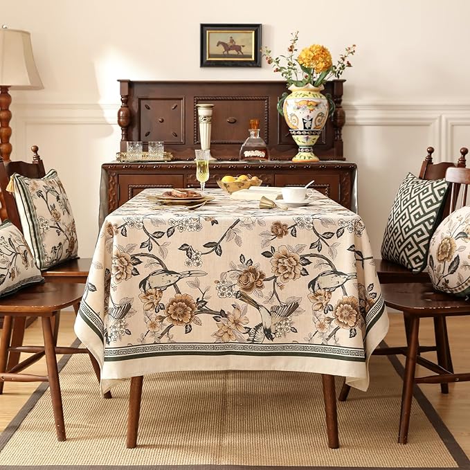 Rectangular Linen-Blend Tablecloth, 55 x 87 Inch, Floral Print