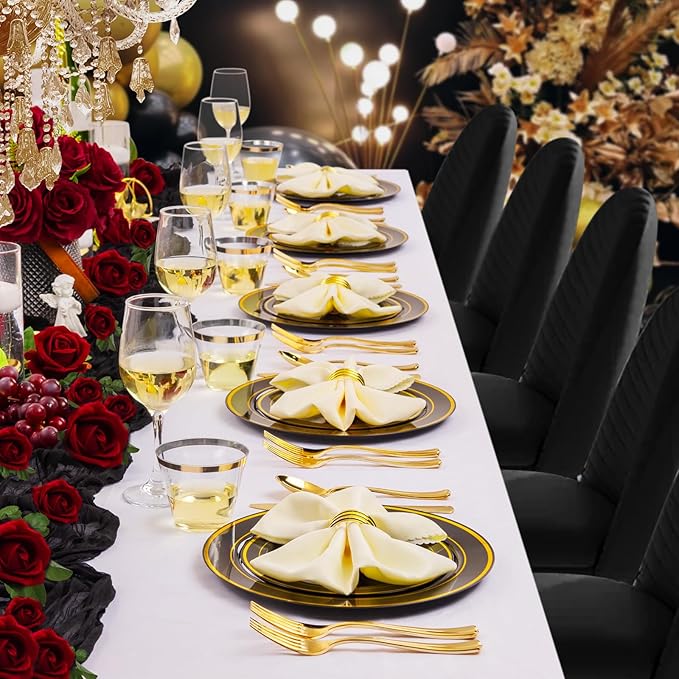 Plates Black and Gold Round Disposable Set, 300 Pieces Plastic