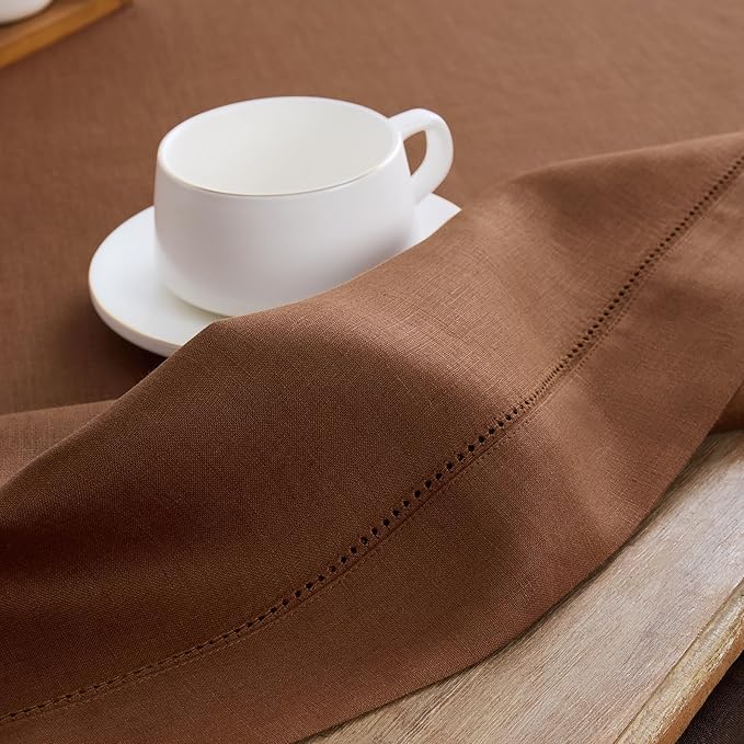 Solino Home Linen Brown Table Runner 60 Inches - Classic Hemstitch, 100% Pure Linen Coffee Table Runner 14 x 60 Inch Ideal for Dresser Tables, Fall, Autumn, Thanksgiving
