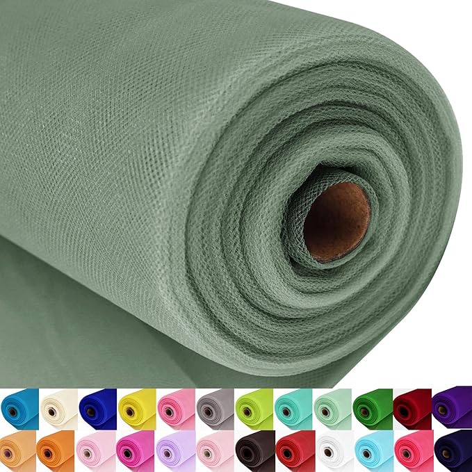 Sage Green Tulle Fabric Roll Spool Bolt (54 Inch by 40 Yards) Large Tulle Wedding Party Decoration, Tutu Skirt, Table Runner, Gift Wrapping, Bridal Shower, Soft & Drape (Sage Green)