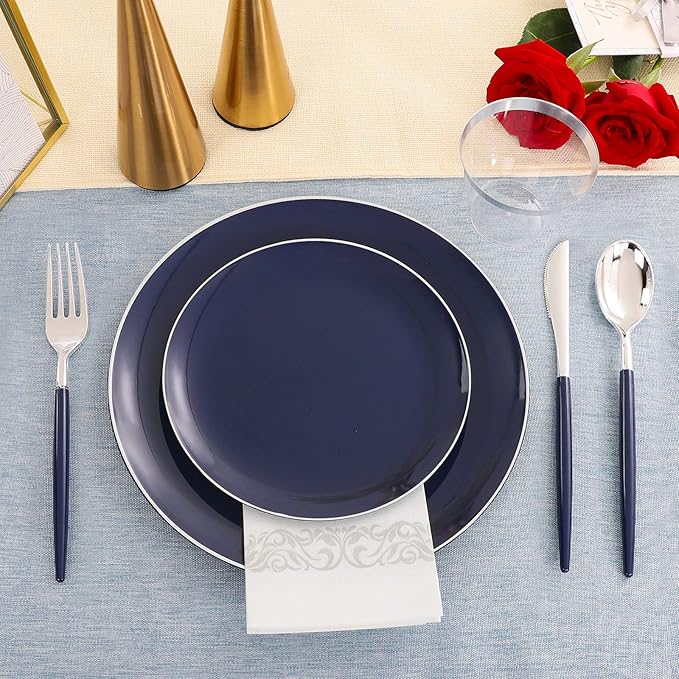 Plastic Plates, Blue and Silver Disposable Set for 25 Guests