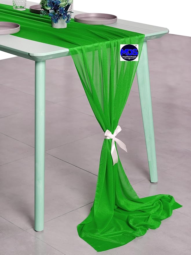 MDS 2 Pack 10ft Chiffon Table Runner 29 x 120 Inches Sheer Wedding Runner Romantic Rustic Table Runner for Wedding Decorations, Birthday Parties, Bridal Shower Party Arch Decor - Green