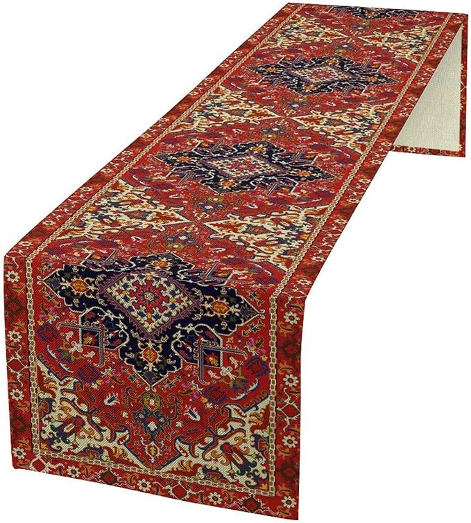 Boho Old French Table Runner, Vintage Red Beige Retro Flower Rustic Country Style Floral Print Pattern for Home Kitchen Table Decor Dining Coffee Room Garden Party Decor 13x90in