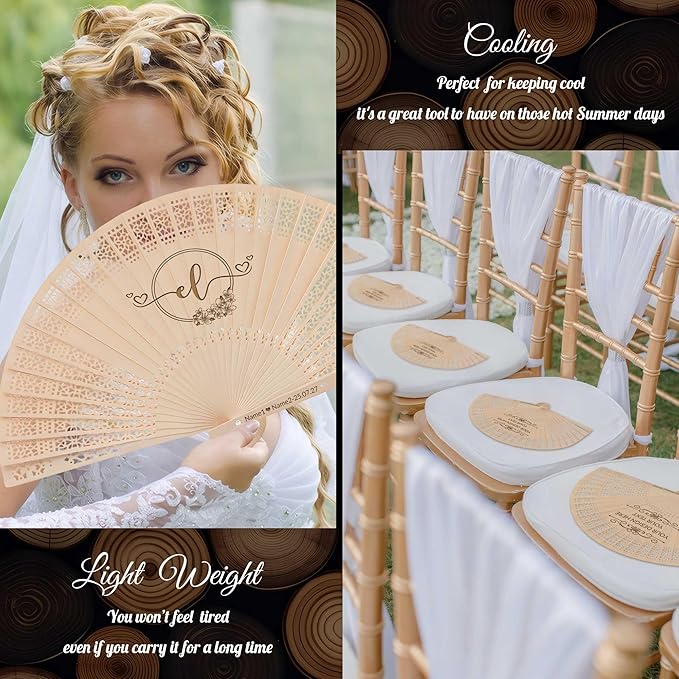 100 PCS Custom Fans Personalized Folding Fans for Line Dancing Wooden Hand Fan Wedding Favors Bulk Fans for Guests Party Event Use (Style07)