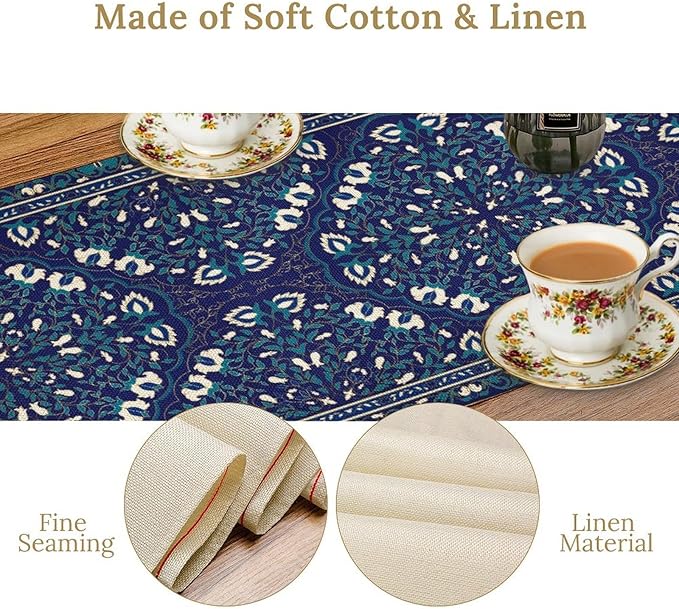 Boho Floral Vintage Table Runner, Retro Morris Abstract Blue Flower Rustic Country Farmhouse Pattern for Home Kitchen Table Decor Dining Coffee Room Wedding Party Decor 13x36in