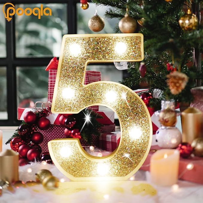 Pooqla Silver Decorative Signage, Lighted Number 5, Battery Powered LED Night Light for Christmas Wedding Home Bar Birthday Party Decoration, Plastic, Silver, 8.86 inches