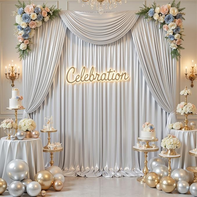 Backdrop Curtain Set, Silver Sequin, 4 Panels 20x10 Ft, Wrinkle-Free
