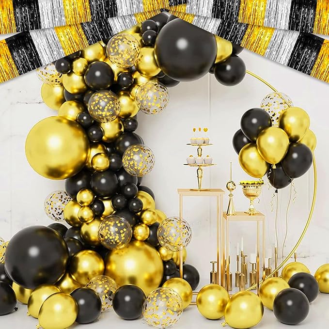 6 Pack 10 Feet Black Gold Silver Foil Fringe Garland Metallic Tinsel Streamers Banner Wall Hanging Curtain Backdrop for Parade Floats, Birthday, Graduate, Mother's Day, Wedding Party Decoration