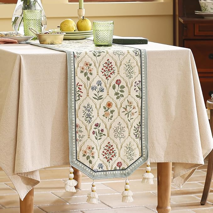 ISAENNE Designer Vintage Elegant Linen Table Runner 102 Inches Long,Colorful Wildflower Pattern Runner,Decor Table Runners for Dining Tables,Thanksgiving,Christmas,Banquet,12"*102"-Serenity B