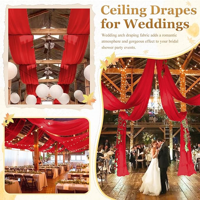 MODFUNS Red Ceiling Drapes for Weddings 5x30ft 6 Panels Chiffon Ceiling Curtain Sheer Fabric for Draping Tulle Arch Drapery Fabric Semi Sheer Backdrop Curtains for Ceremony Hall Ceiling Decor