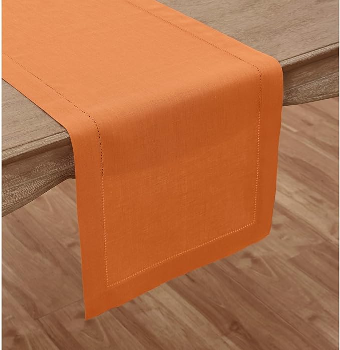 Solino Home Linen Pumpkin Hemstitch Table Runner 48 Inches - 100% Pure Linen Small Table Runner 14 x 48 Inch Ideal for Dresser and Coffee Tables - Classic Hemstitch - Fall, Halloween, Thanksgiving