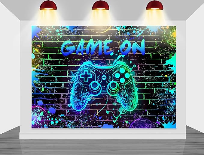 Mocsicka Game On Backdrop Video Game for Boys Level Up Birthday Party Decoration Game Night Arcade Neon Glow Gamer Banner Photography Background (Blue, 10x7ft(120"x82"))