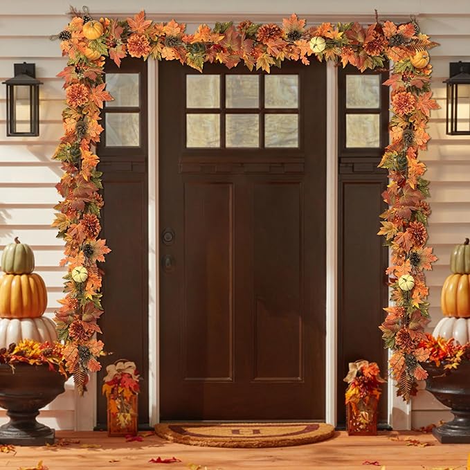 Fall Maple Leaves Garland, 6 Ft Hanging Vine with Pumpkins and Pine Cones