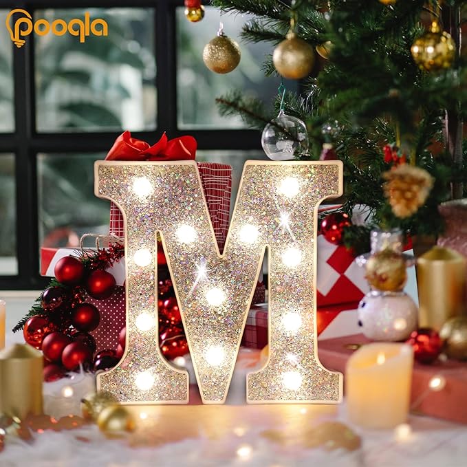 Pooqla Light Up Letters, LED Marquee Letters for Silver Birthday Decorations, Battery Powered Night Light Teenager Girl Room Decor, Gift for Girls Boys Wedding Bedroom Christmas Party Decor, Letter N
