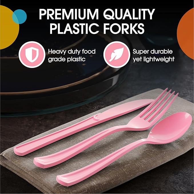 Pink Plastic Cutlery Set, 300 Pieces with Forks, Spoons and Knives