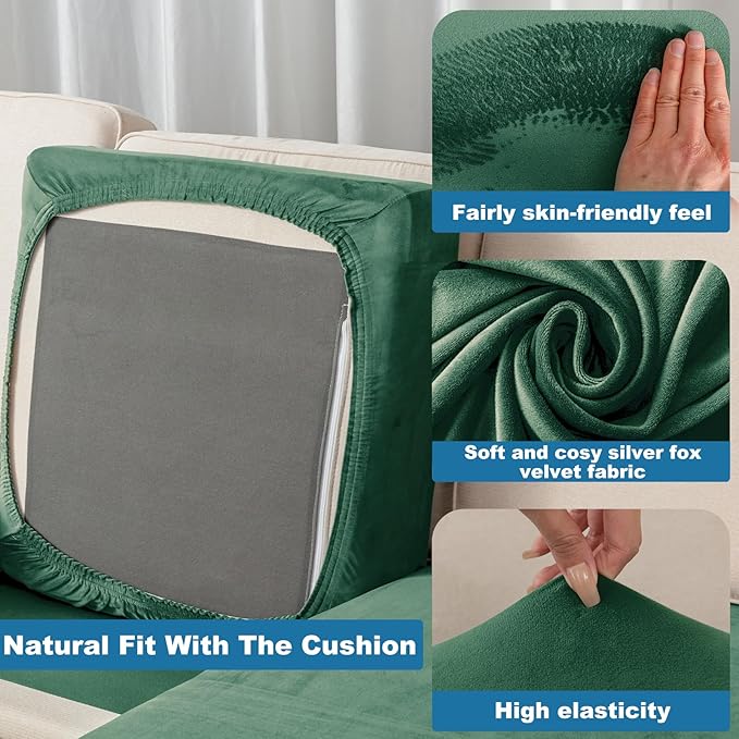 Sofa Slipcovers 4-Piece Stretch Velvet Set, 3-Seater + Chaise Green