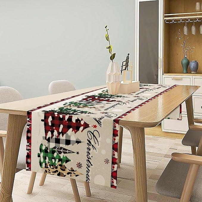 Christmas Tree Table Runner,Farmhouse Xmas Trees Buffalo Plaid Winter Snowflake Tablecloth Burlap for Hotel Indoors Outdoor Dining Room Kitchen Home Decor,W13X L36 in