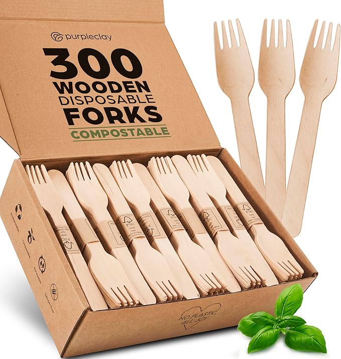 Birch Compostable Disposable Forks, 300 Count, Natural Finish