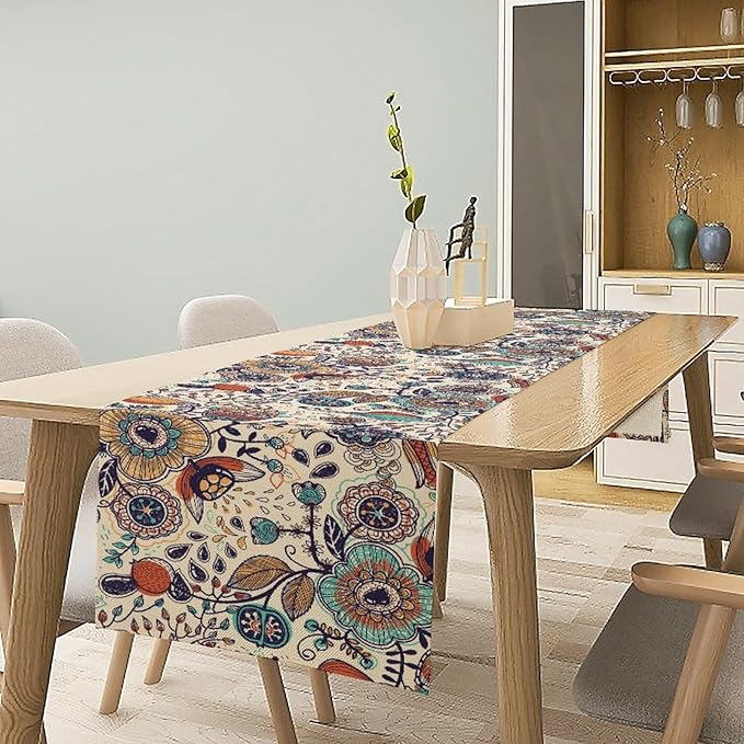 Boho Floral Table Runner,Vintage Flowers Tropical Plants Country Style Table Cloth Kitchen Dining Table Home Party Decoration 13x90 Inch