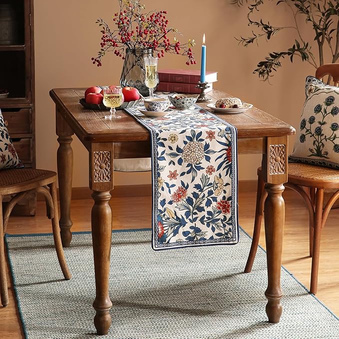 patdrea Designer Blue Cottage Rustic Floral Patterned Linen Table Runner 87 Inch Long,Wrinkle Resistant Table Mat,Decoration for Kitchen Dining and Coffee Tables Banquet Christmas , 12"x87"