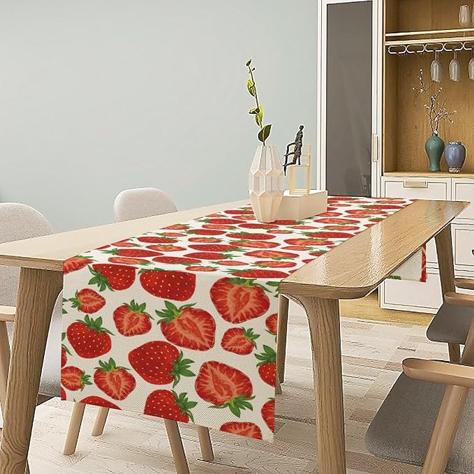 Strawberry Table Runner,Spring Summer Fruit Print Table Runner for Kitchen Dining Table Home Party Decoration 13x72 Inch